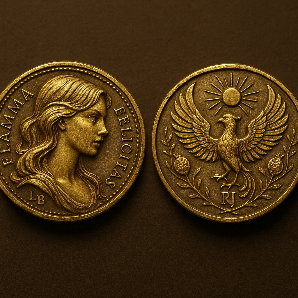 Gold coin pair with portrait and phoenix emblem, used as a symbolic collection illustration