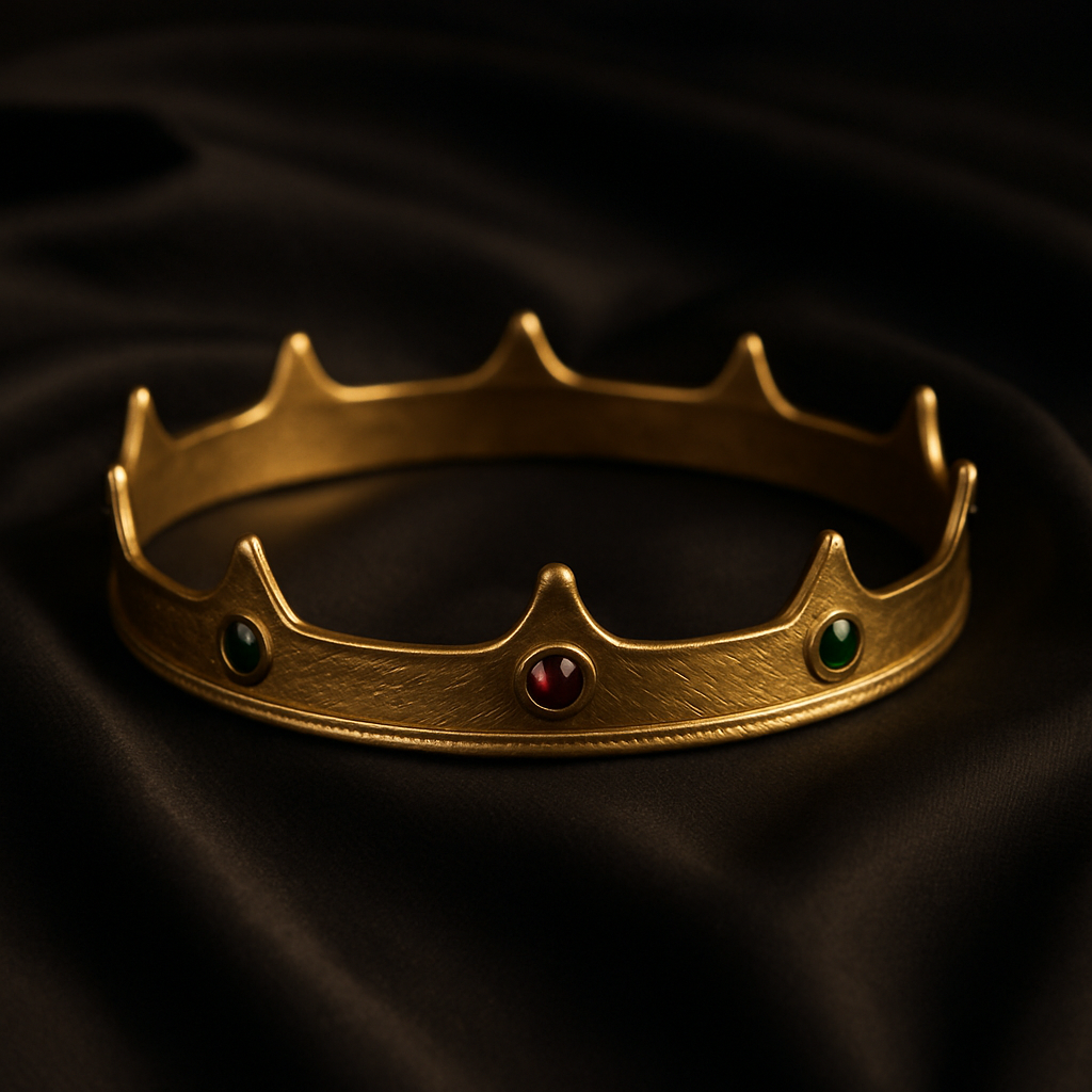 Gold crown band with ruby and emerald stones, used as a private access illustration