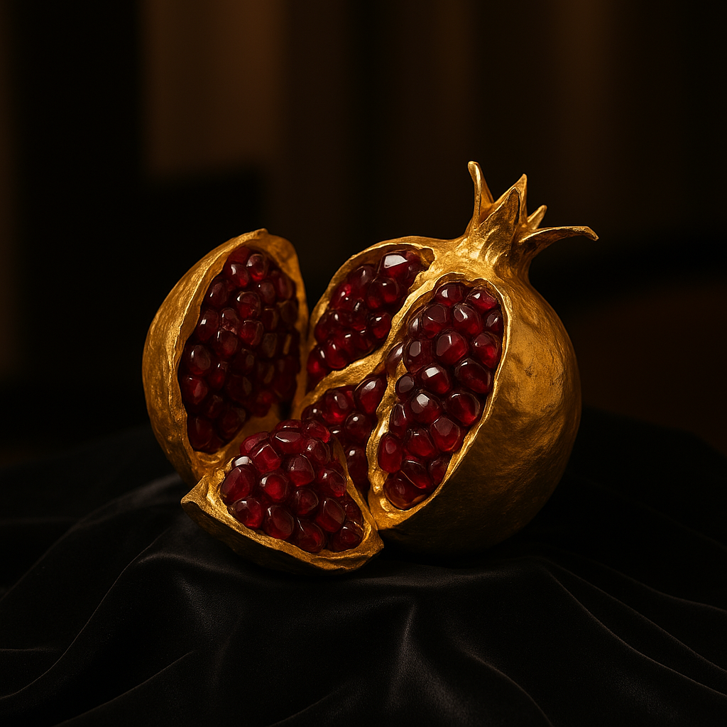 Gold pomegranate split open with ruby seeds, photographed in dramatic low light